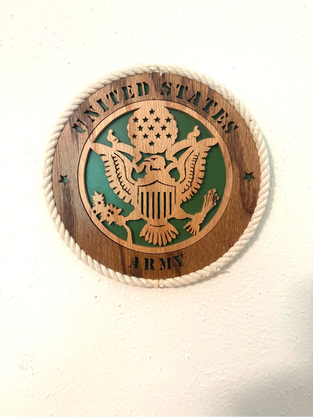 U.S. Army Round Wooden Emblem with Green and Natural Wood